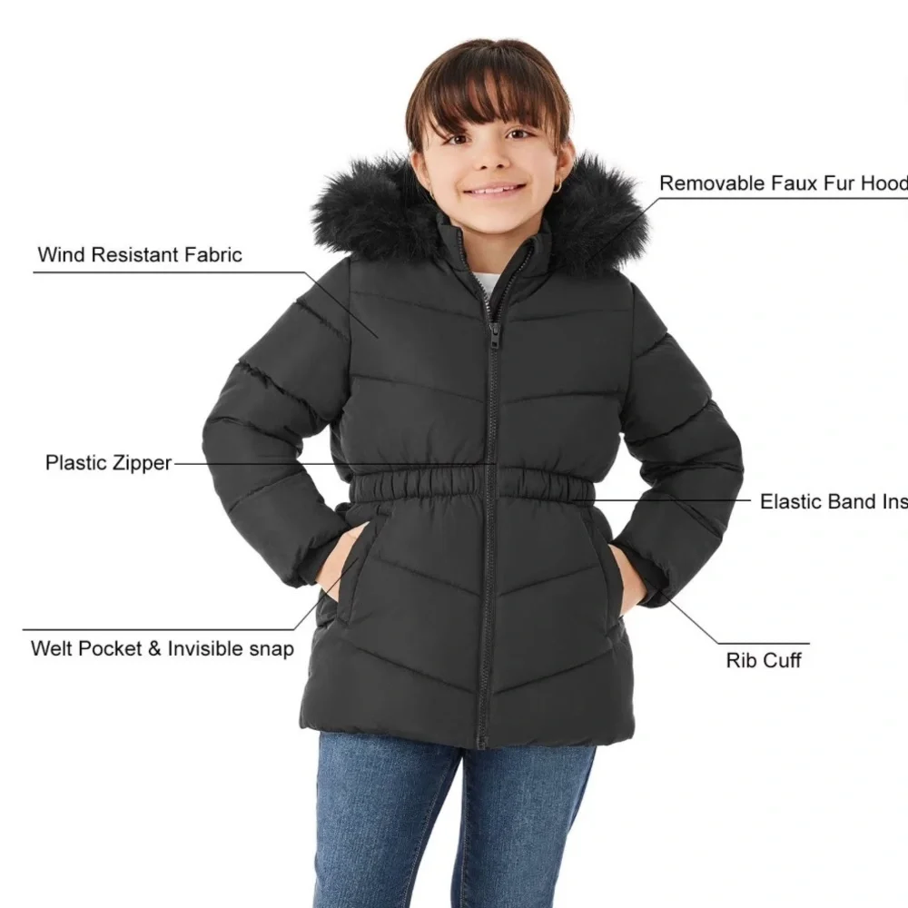 MEMBERSMARK Girls Black Puffer Parka, Warm Fleece Lined Jacket w/Removable Hood